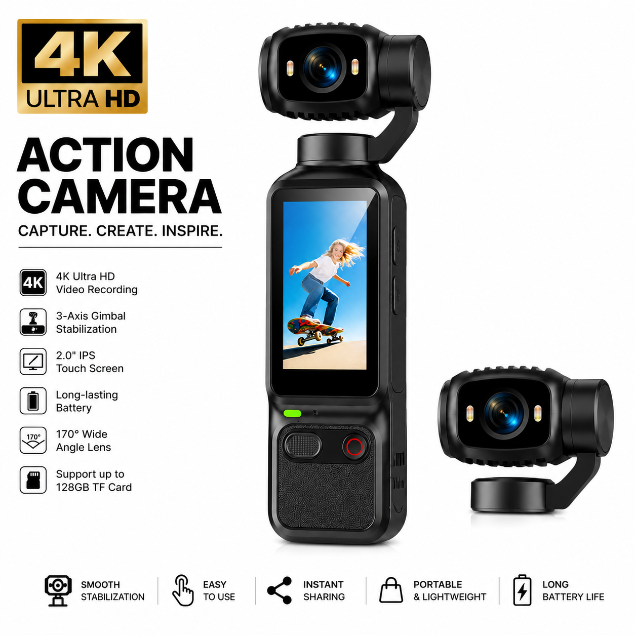 LK032 Handheld Action Camera with Rotatable Lens, HD Video Recording